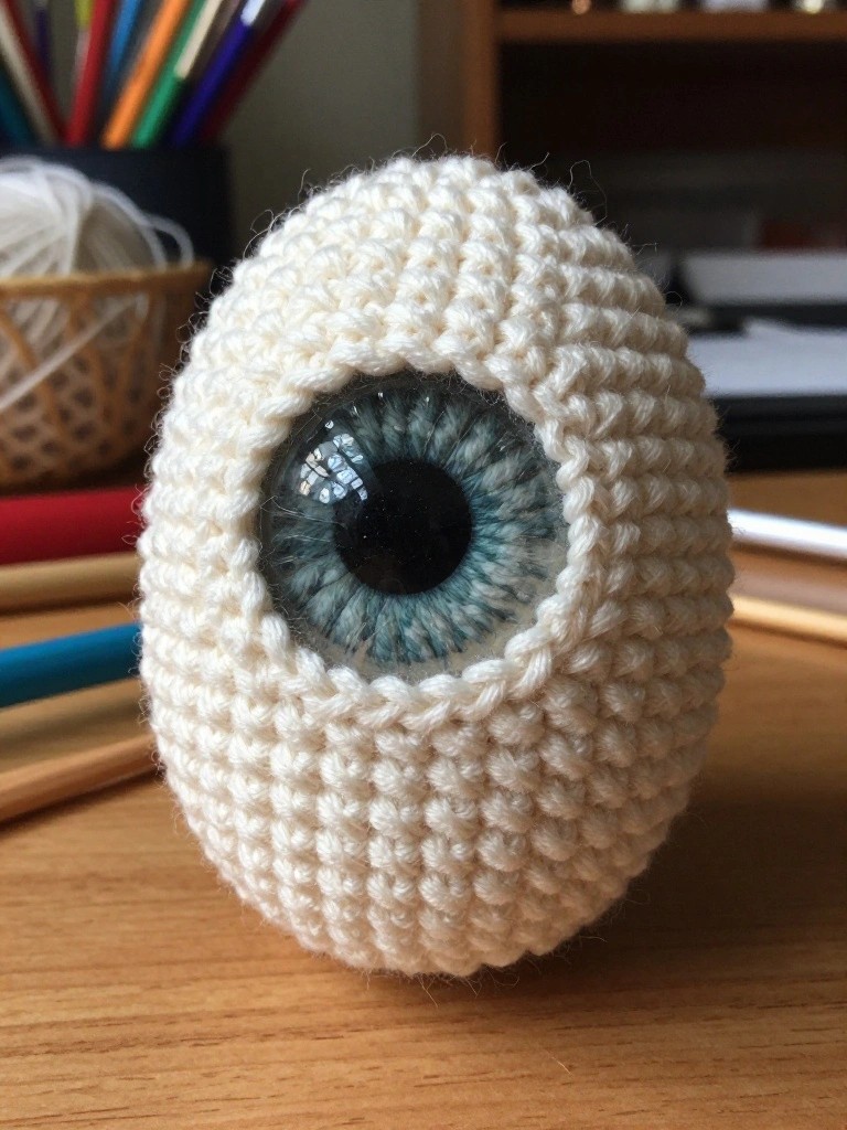 Crocheted white eyeball with blue iris on wooden desk.