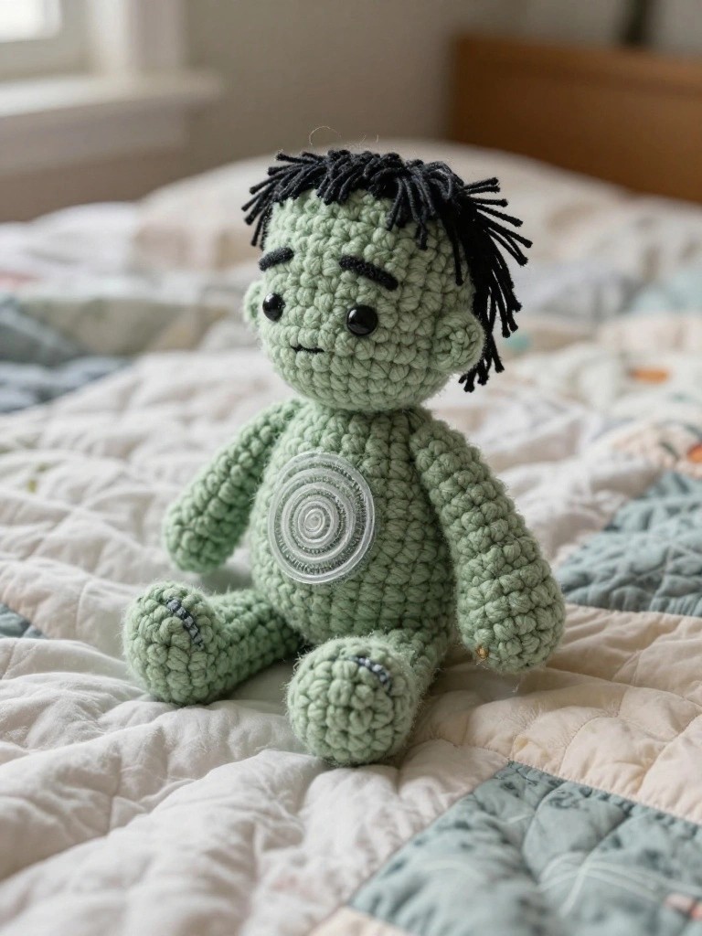 Green crocheted Frankenstein doll on a quilted bedspread.