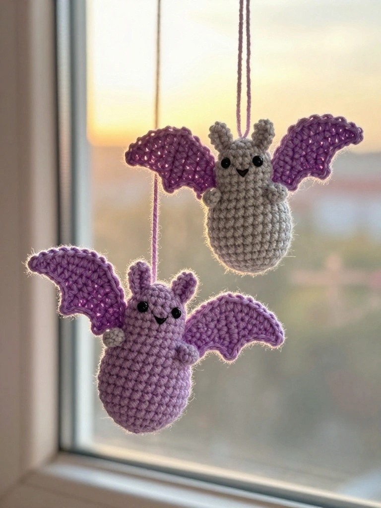 Two crocheted purple and gray bats hang from strings by a window.