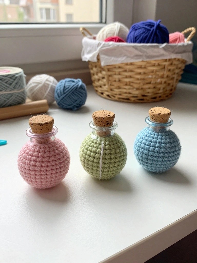 Three crocheted pastel yarn-covered glass bottles with cork stoppers.
