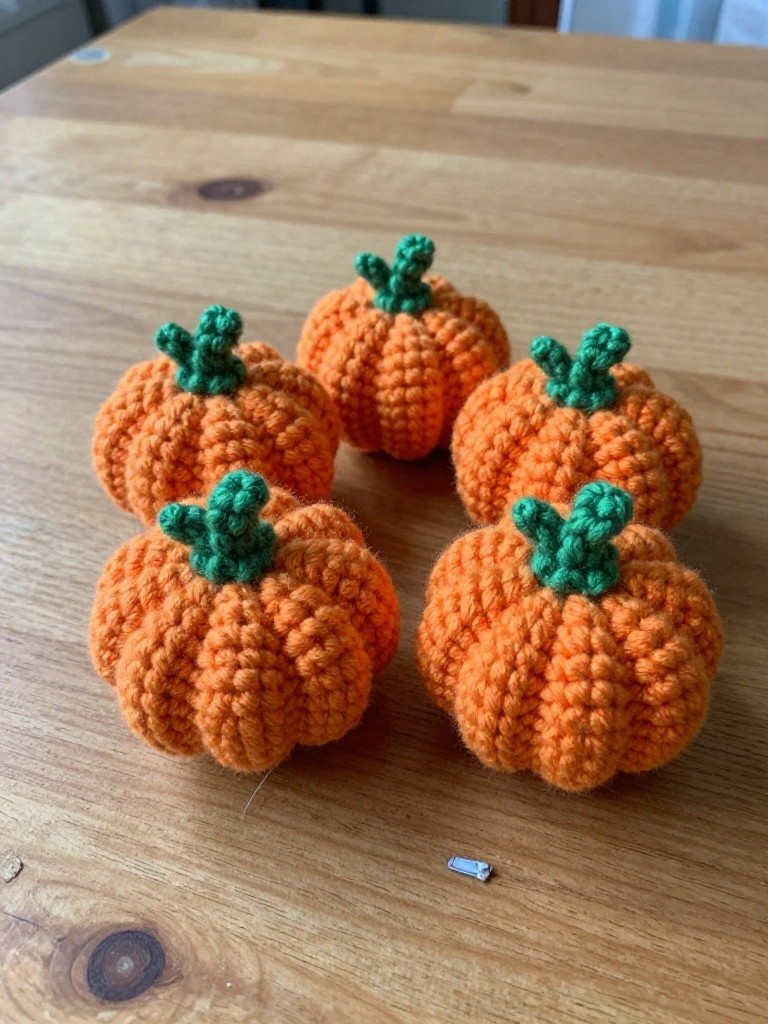 Five small crocheted orange pumpkins with green stems on a wooden table.