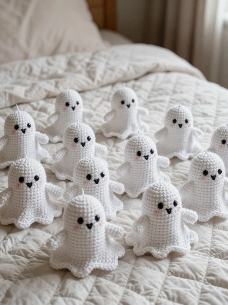 Multiple small white crocheted ghost figures with simple faces arranged on a white quilted bed.