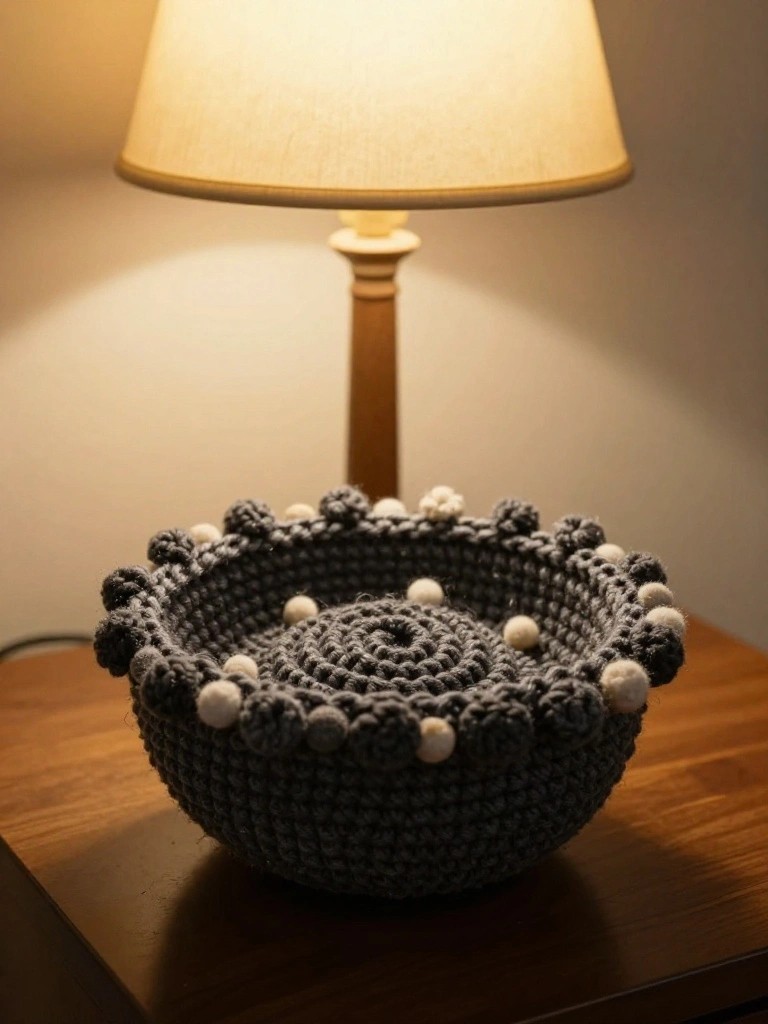 Gray crocheted basket with white pom-poms on wooden table beside lamp.