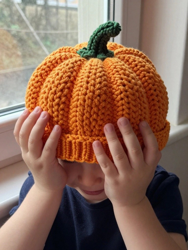 Child's hands cover face wearing an orange crocheted pumpkin hat with green stem.