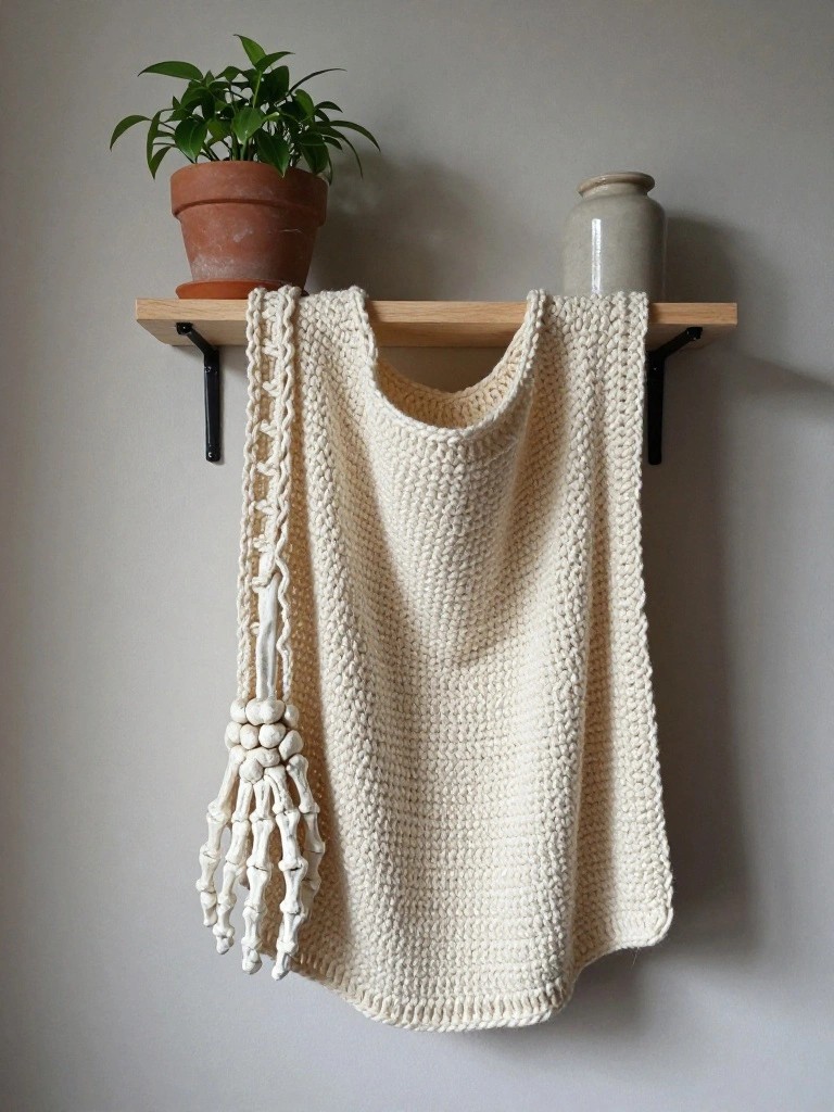 Knitted cream sweater hangs on wooden shelf with plant and vase.