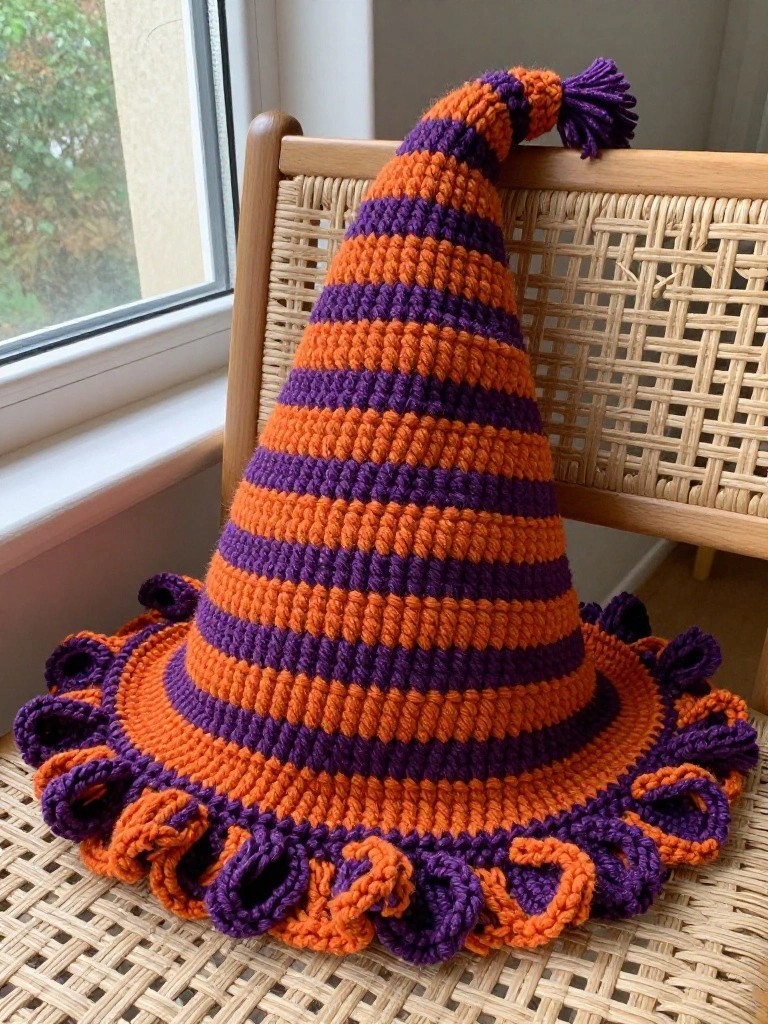 Crocheted orange-and-purple striped witch hat with ruffled brim on chair.