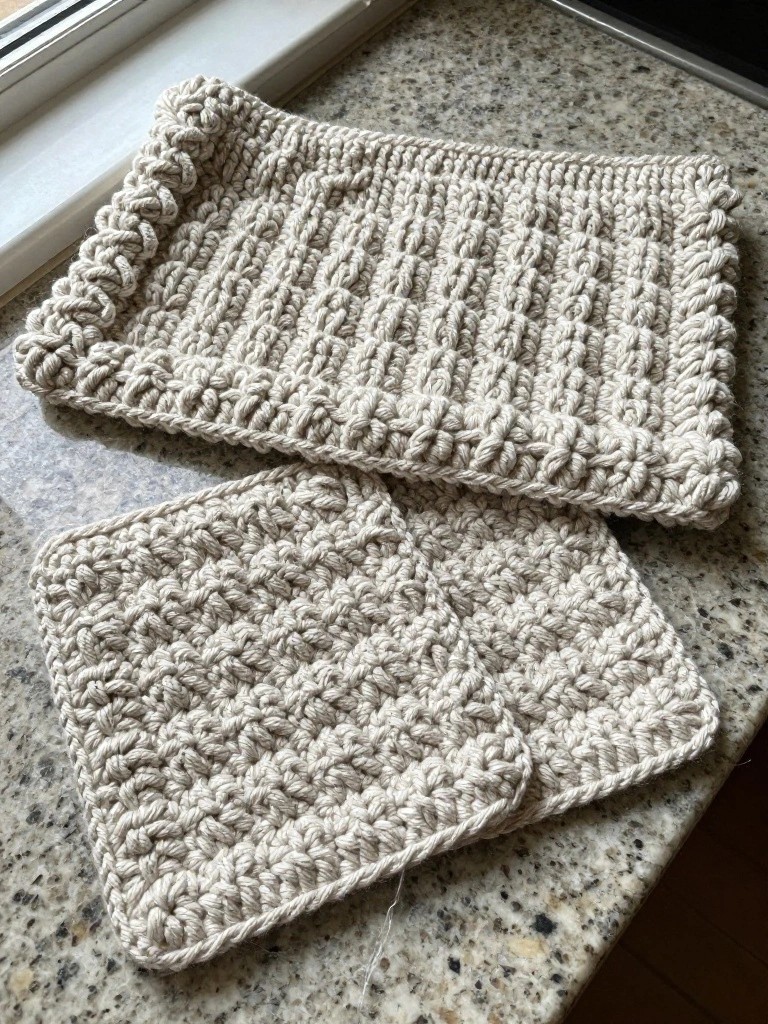 Two cream crocheted pieces on granite countertop near window.