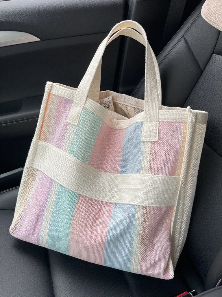 Pastel Striped Mesh Beach Tote