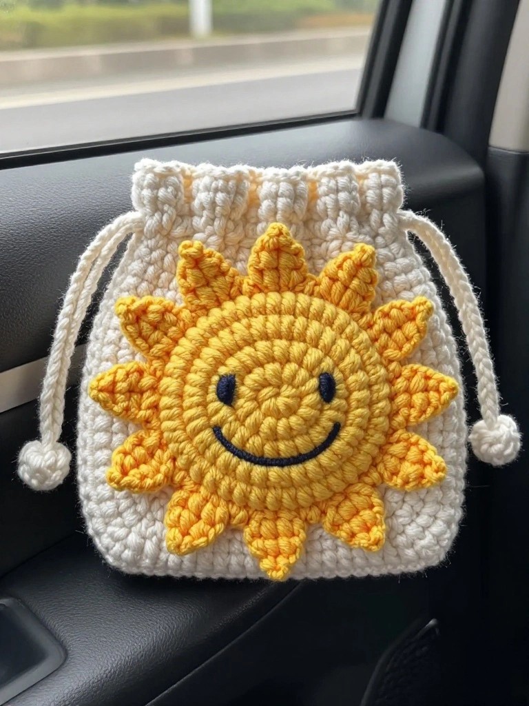 A white crocheted drawstring pouch with a yellow smiling sun appliqué sits on a car seat.