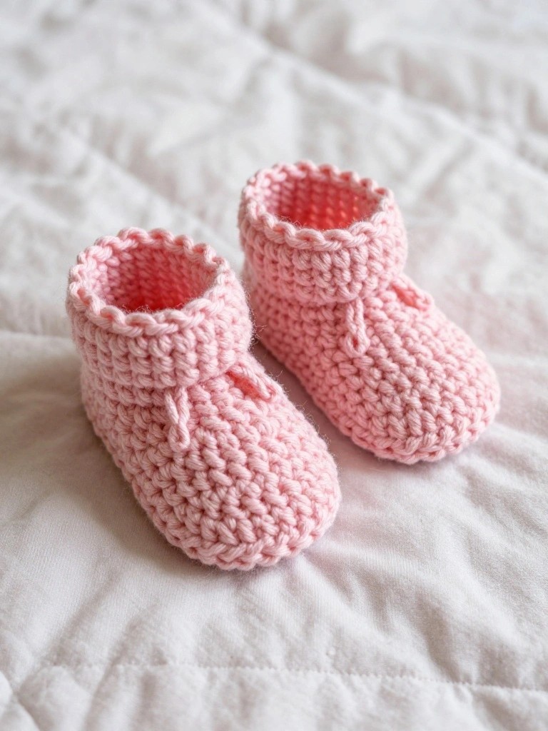Two pink crocheted baby booties resting on white quilted fabric.