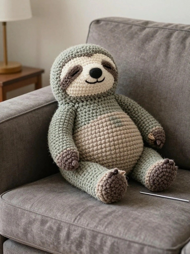 A crocheted sloth plush toy in green and beige sits on a gray couch next to a metal crochet hook.