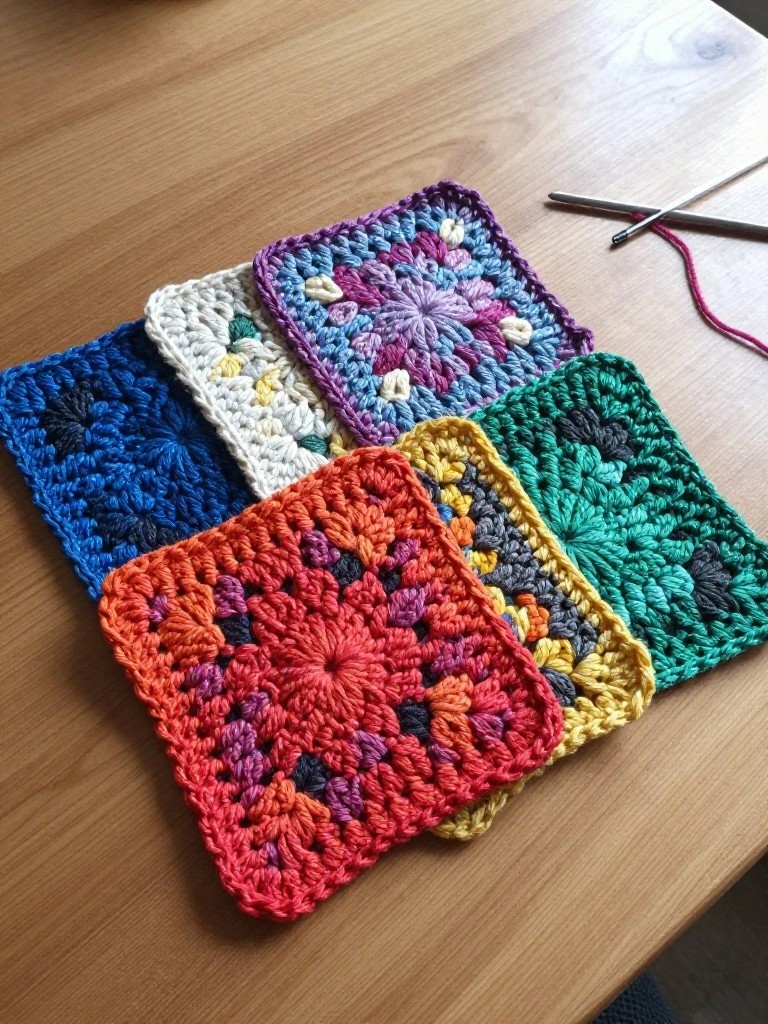 Five colorful crochet granny squares arranged on a wooden table beside knitting needles.