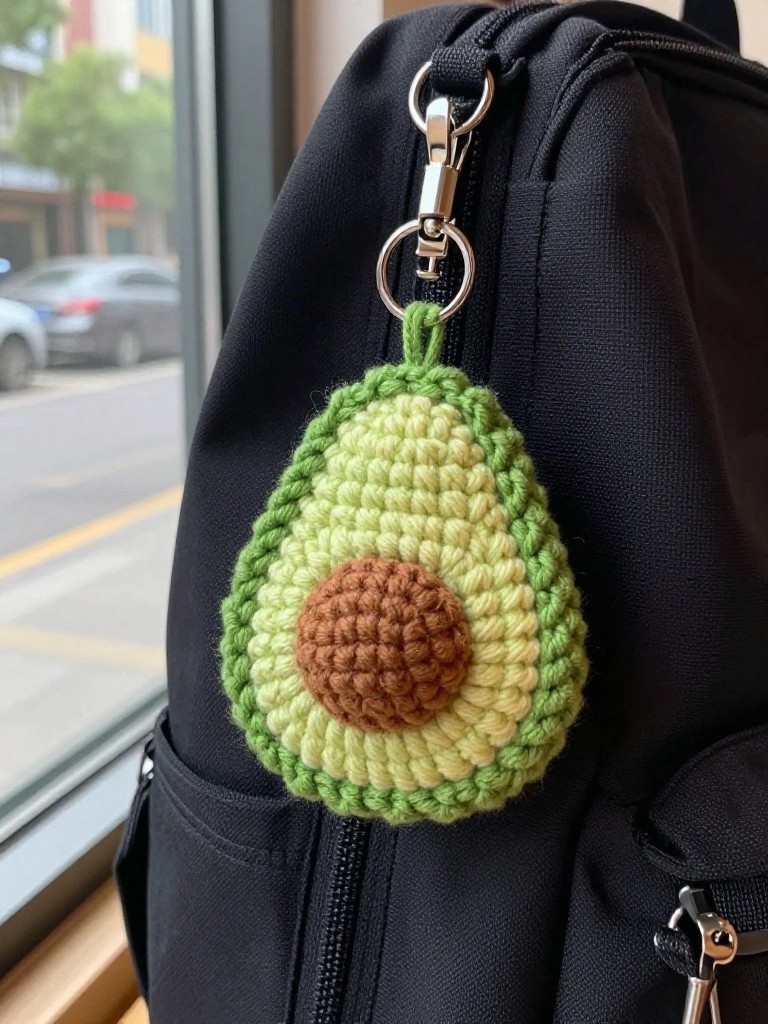 Crocheted avocado keychain clipped to black backpack zipper.
