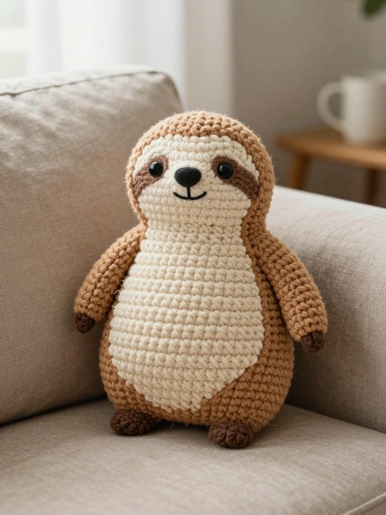 Crocheted brown and cream sloth plush toy on a beige couch.