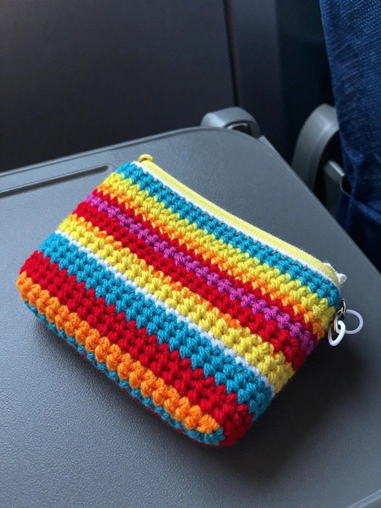 Colorful crocheted rainbow pouch with yellow zipper on gray seat.