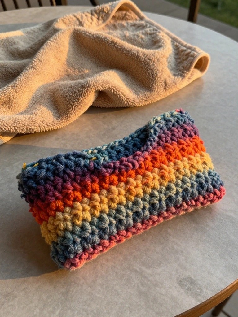 Crocheted rainbow pouch beside beige towel on outdoor table.