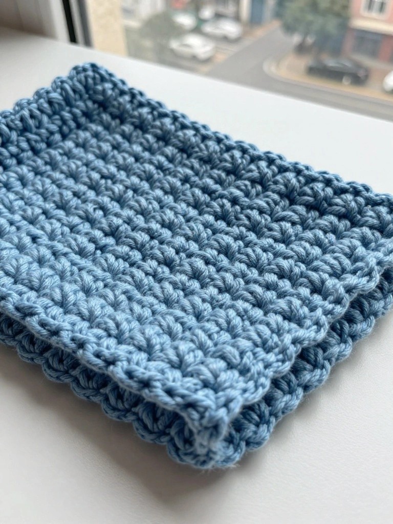 Blue knitted fabric swatch with textured stitches on a windowsill.