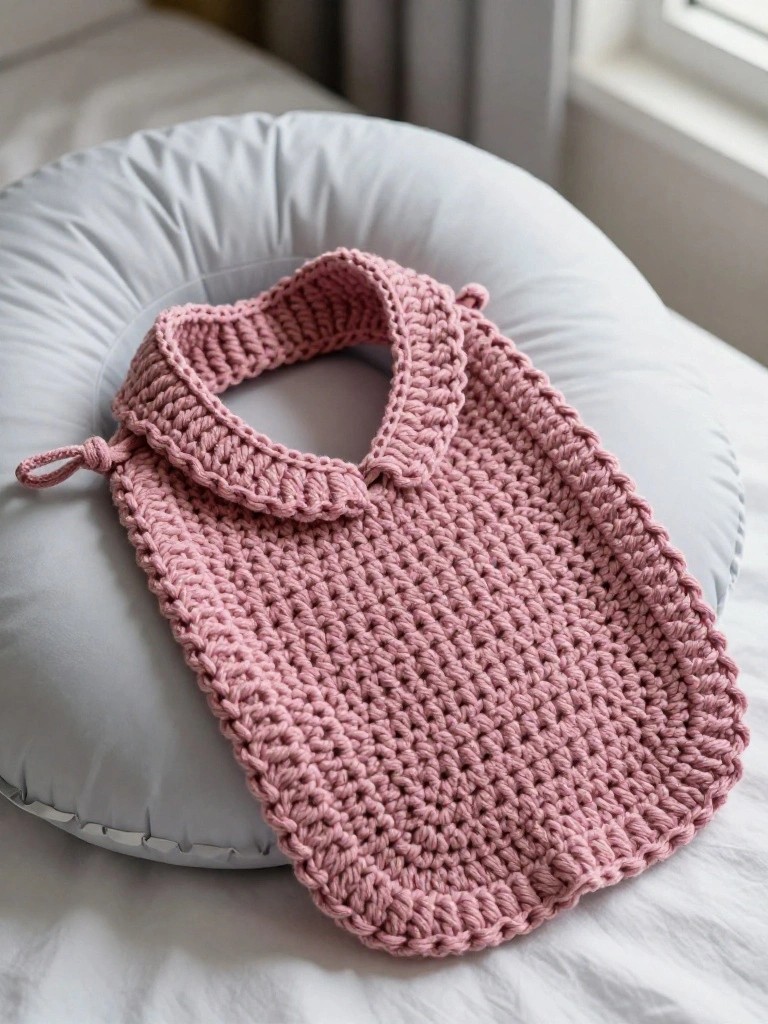 Pink crocheted baby bib on a white nursing pillow.