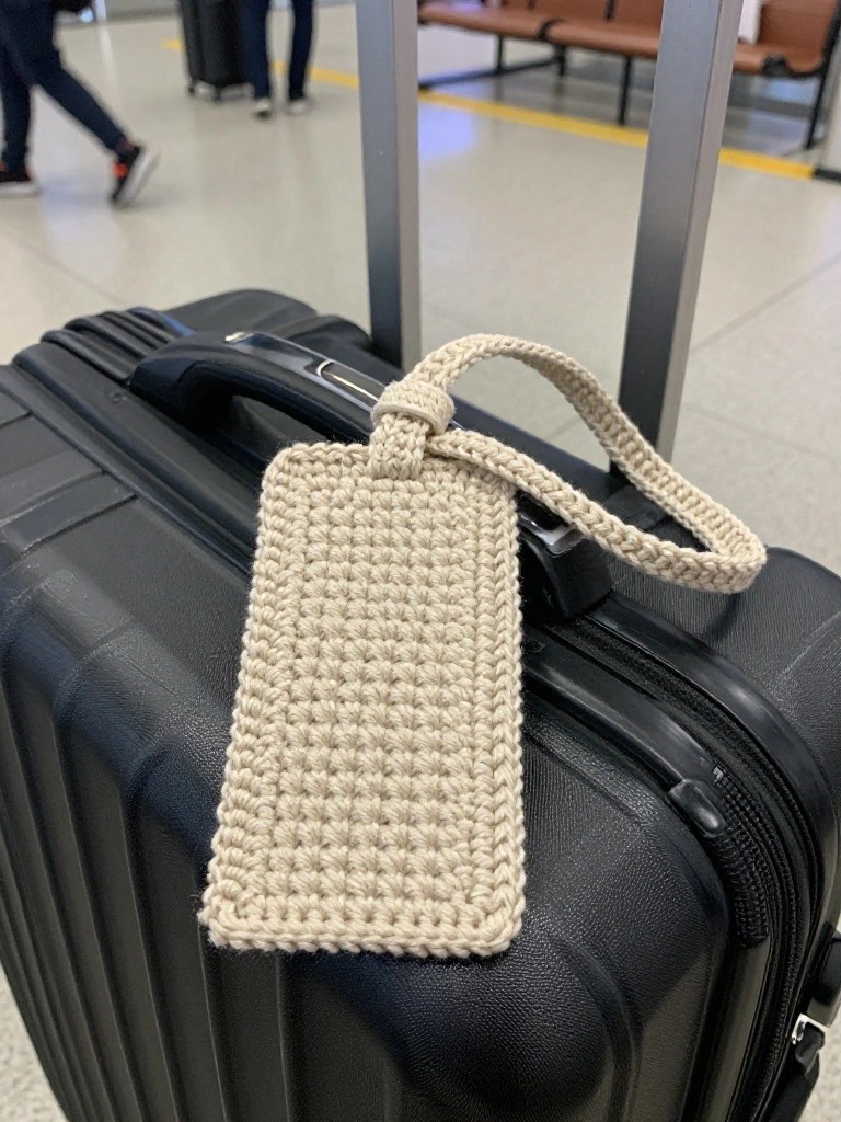 Crocheted beige luggage tag on black suitcase handle.