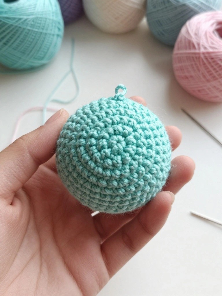 Hand holding a round mint-green crocheted ball with colorful yarn skeins behind.