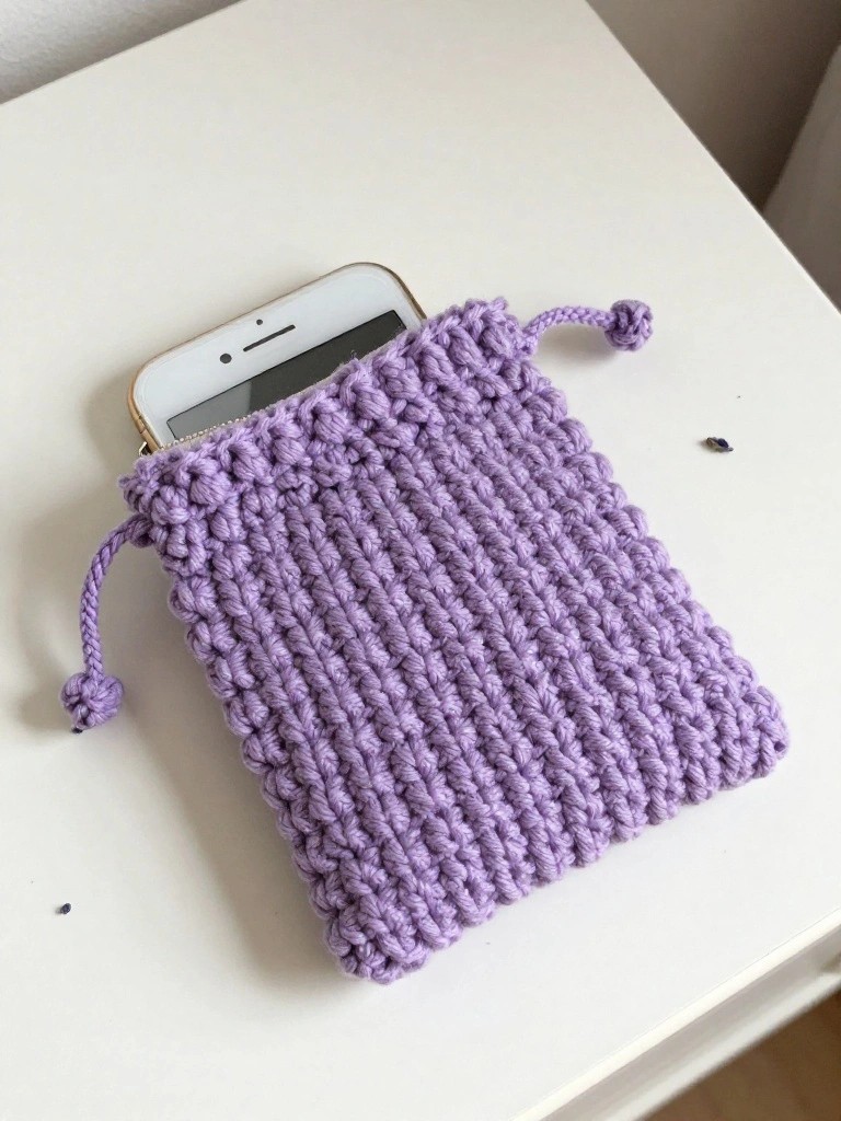 Purple knitted pouch holding a smartphone on a white surface.