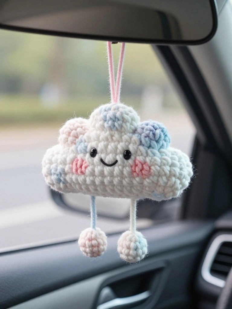 Crocheted cloud ornament with pink cheeks and pom-pom raindrops hanging from rearview mirror.
