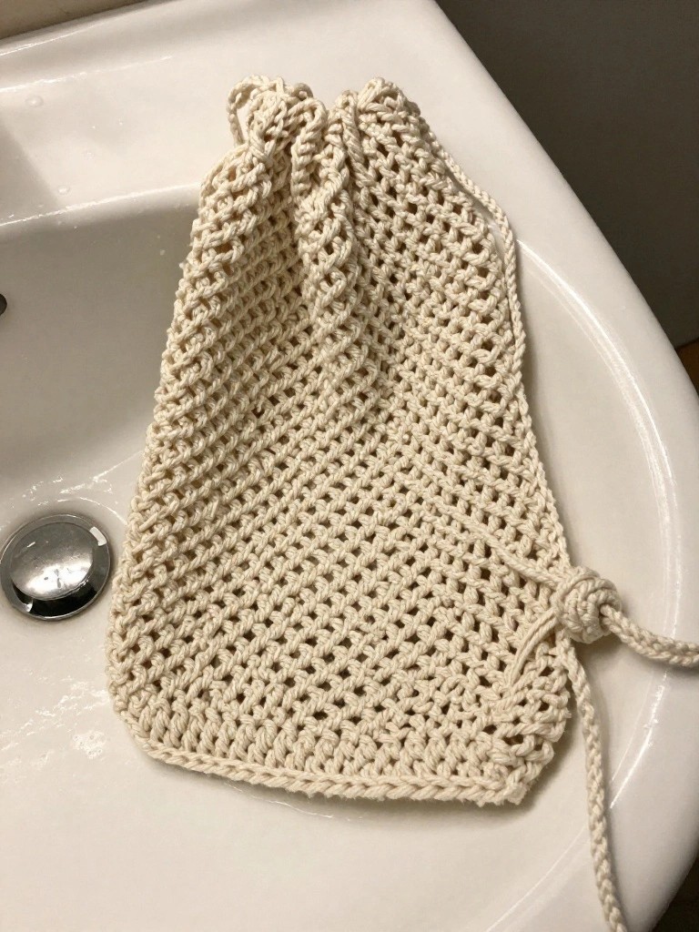 Cream crocheted drawstring bag draped over white bathroom sink.
