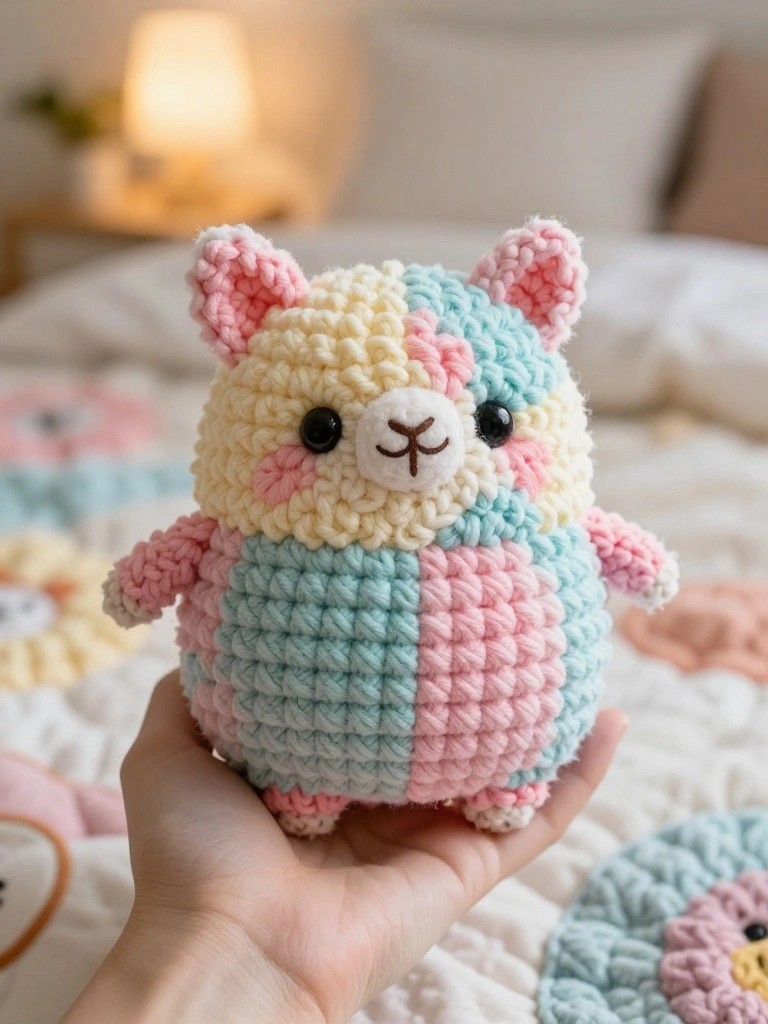 A hand holds a small round crocheted plush toy with pastel yellow, pink, and blue sections, pink ears, and black eyes.