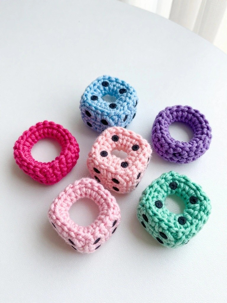 Six colorful crocheted dice rings in pink, blue, purple, mint, and light pink.