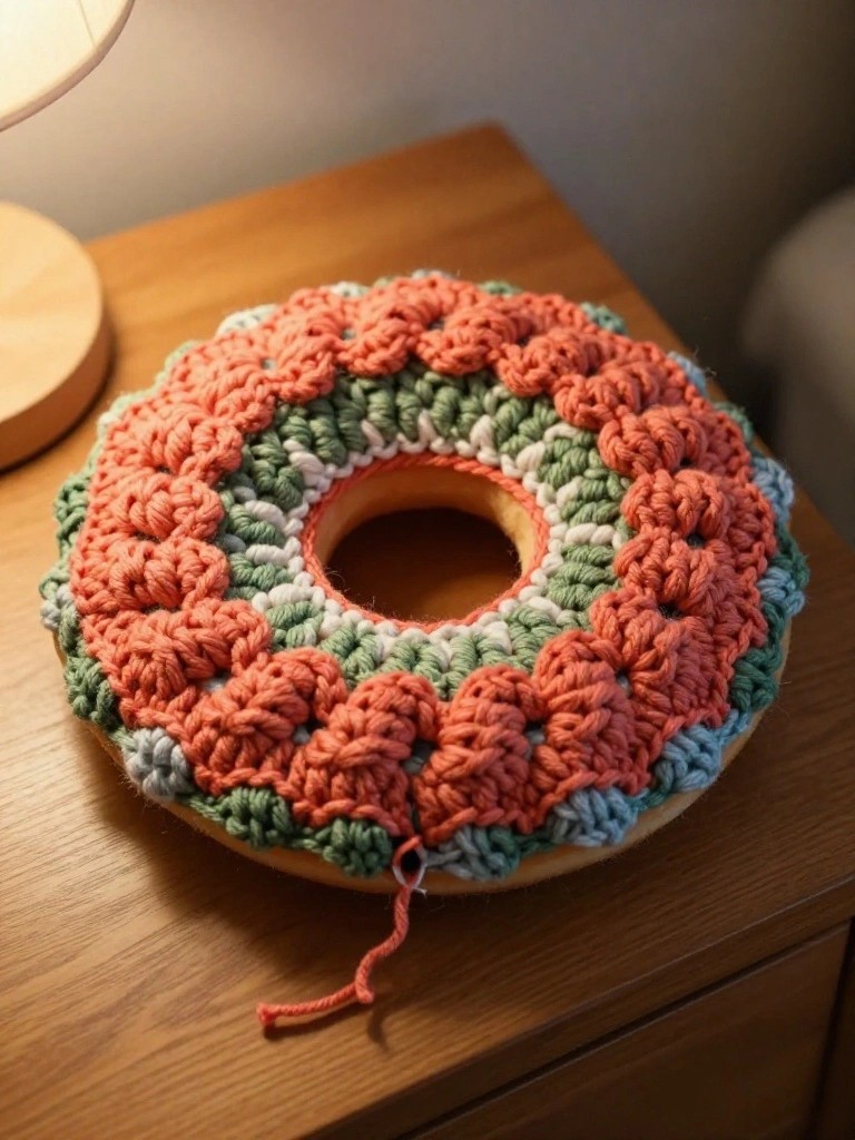 Crocheted pink, green, and blue cover on a round wooden object.