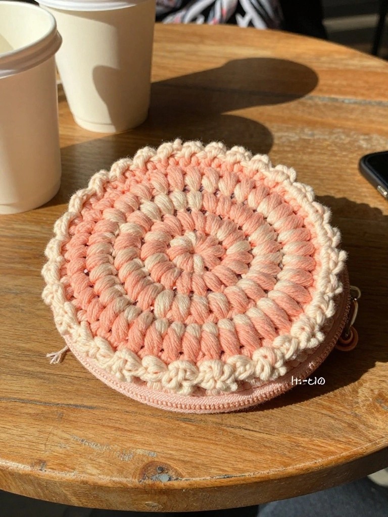Crochet coin purse in pink and cream yarn on wooden table.
