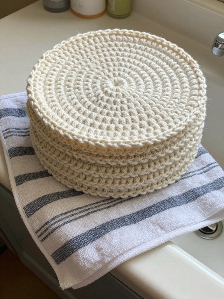 Crocheted circular coasters stacked on a striped towel by a sink.