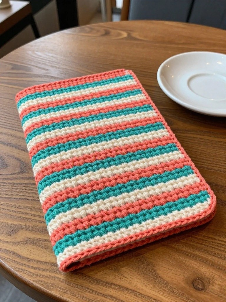 Crocheted striped notebook cover in coral, teal, and cream on wooden table.