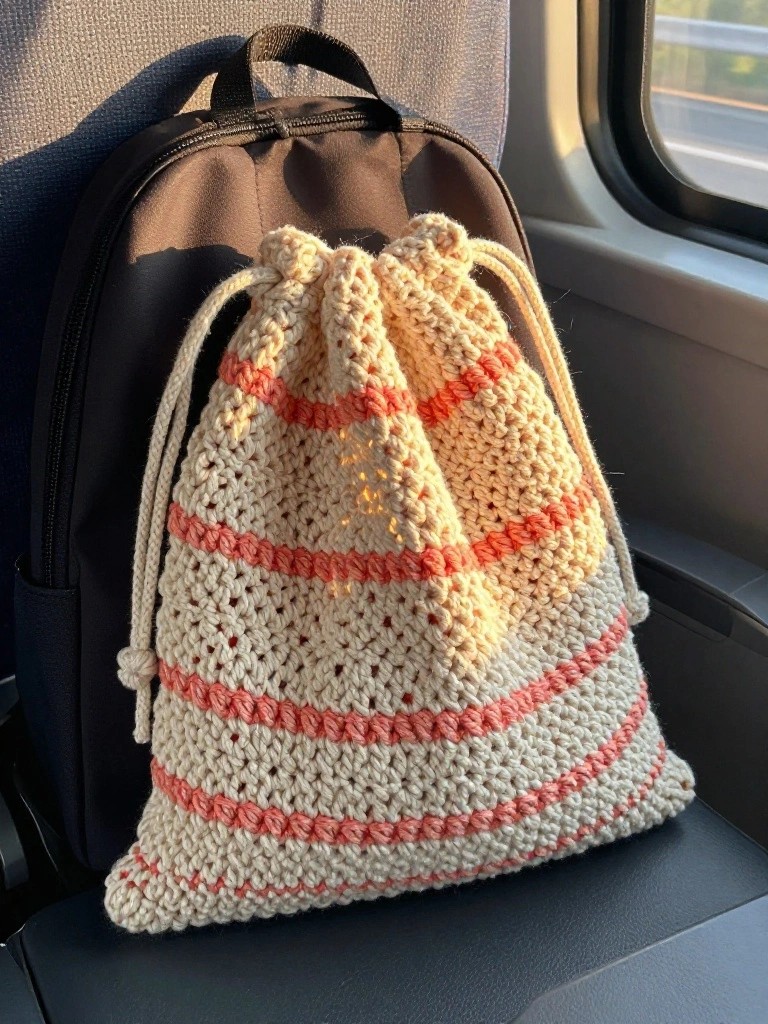 Crocheted drawstring bag with peach and coral stripes on a seat.