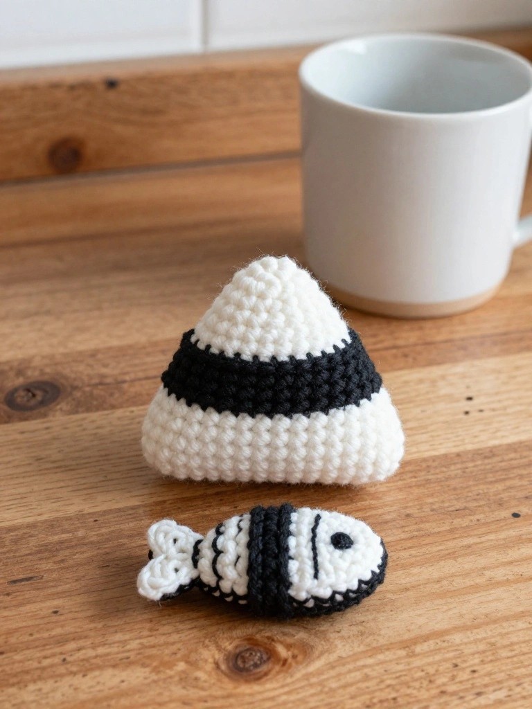 A small black and white striped crocheted fish sits on a wooden table beside a larger white cone-shaped crocheted item with a black stripe.