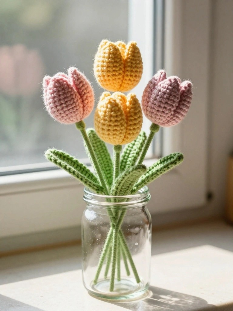A glass jar with several crocheted pink and yellow tulips and green stems and leaves sitting on a windowsill.