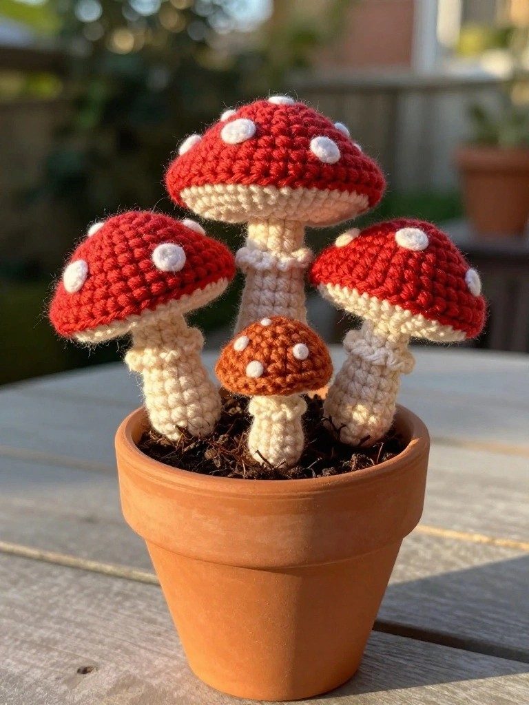 Potted Crochet Mushrooms as Faux Plant Decor