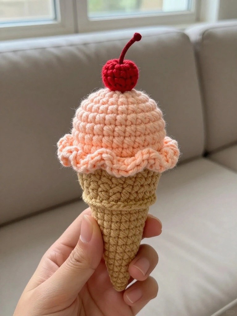 A hand holds a small crocheted ice cream cone with a beige cone base, pink scoop, ruffled edge, and red cherry on top.