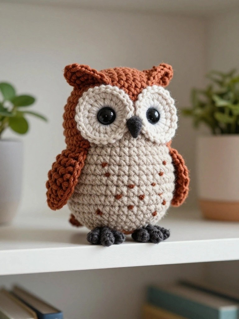 Crocheted owl with brown head and wings, beige speckled body, and large white eyes sitting on a white shelf.