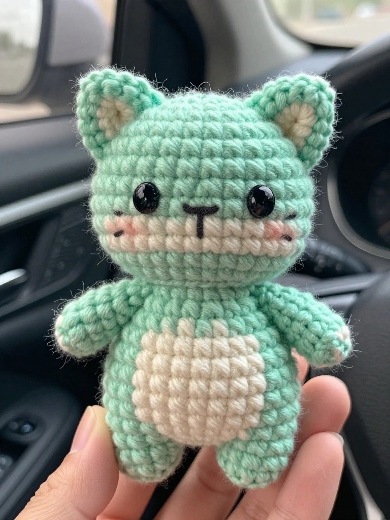 A hand holds a small mint green crocheted cat with white belly, inner ears, and simple stitched face.