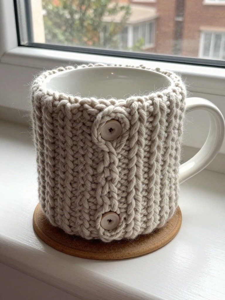 Knitted beige mug cozy with two buttons on a white mug.