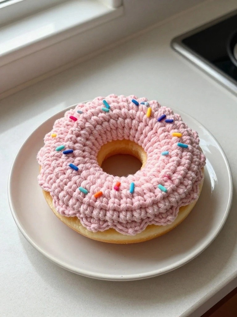 Crocheted pink frosted donut with colorful sprinkles on a white plate.