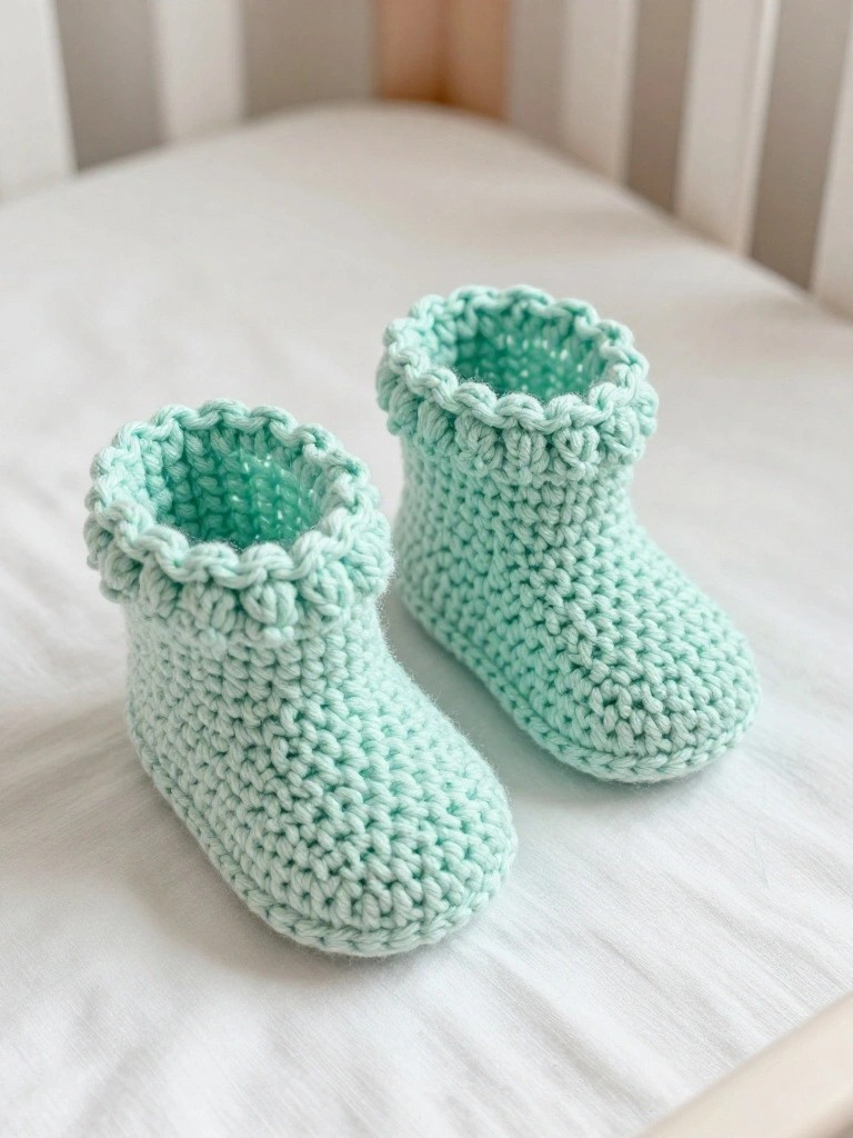 Mint green knitted baby booties on white fabric.