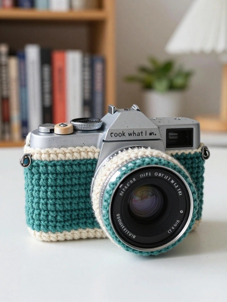 Vintage silver camera in teal and cream crocheted cozy on white surface.