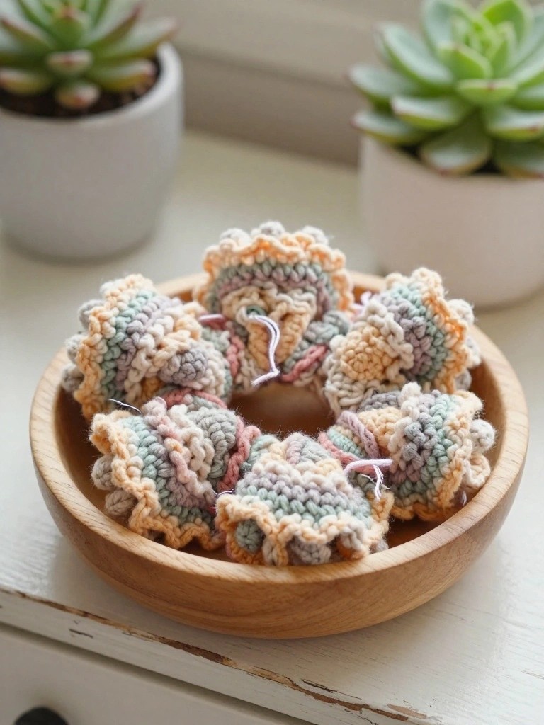 Crocheted pastel scrunchies in a wooden bowl with succulents behind.
