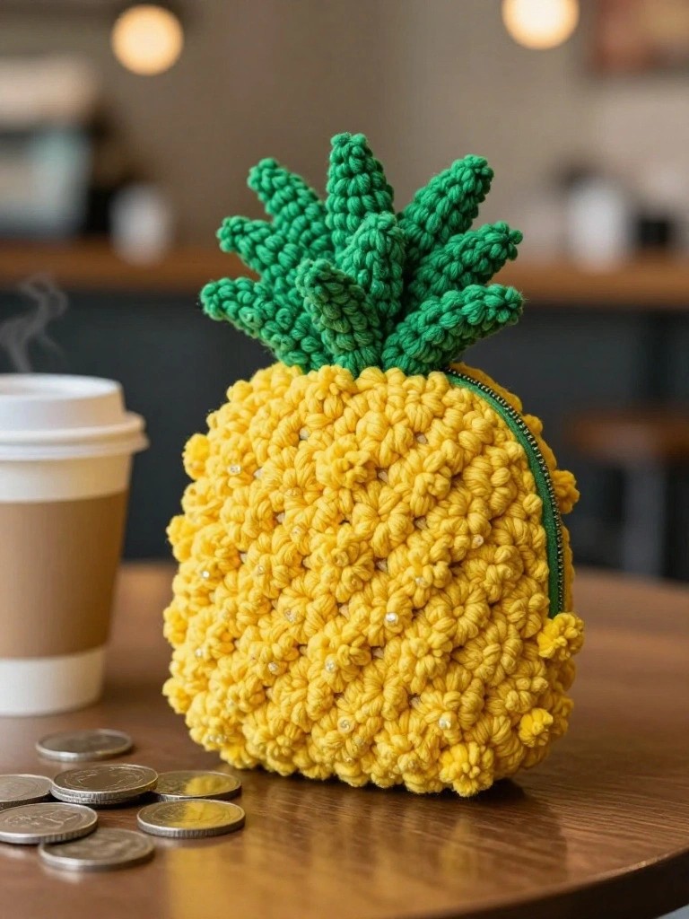Yellow crocheted pineapple coin purse with green top on wooden table.