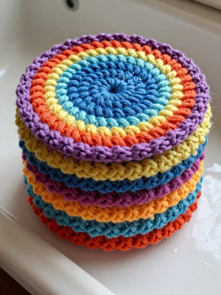 Colorful crocheted coasters stacked on a white sink.