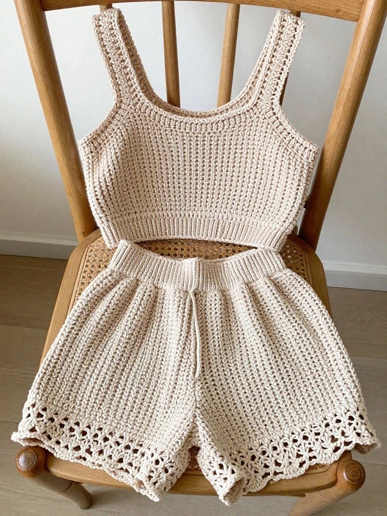 Matching Crochet Crop Top and Shorts Set