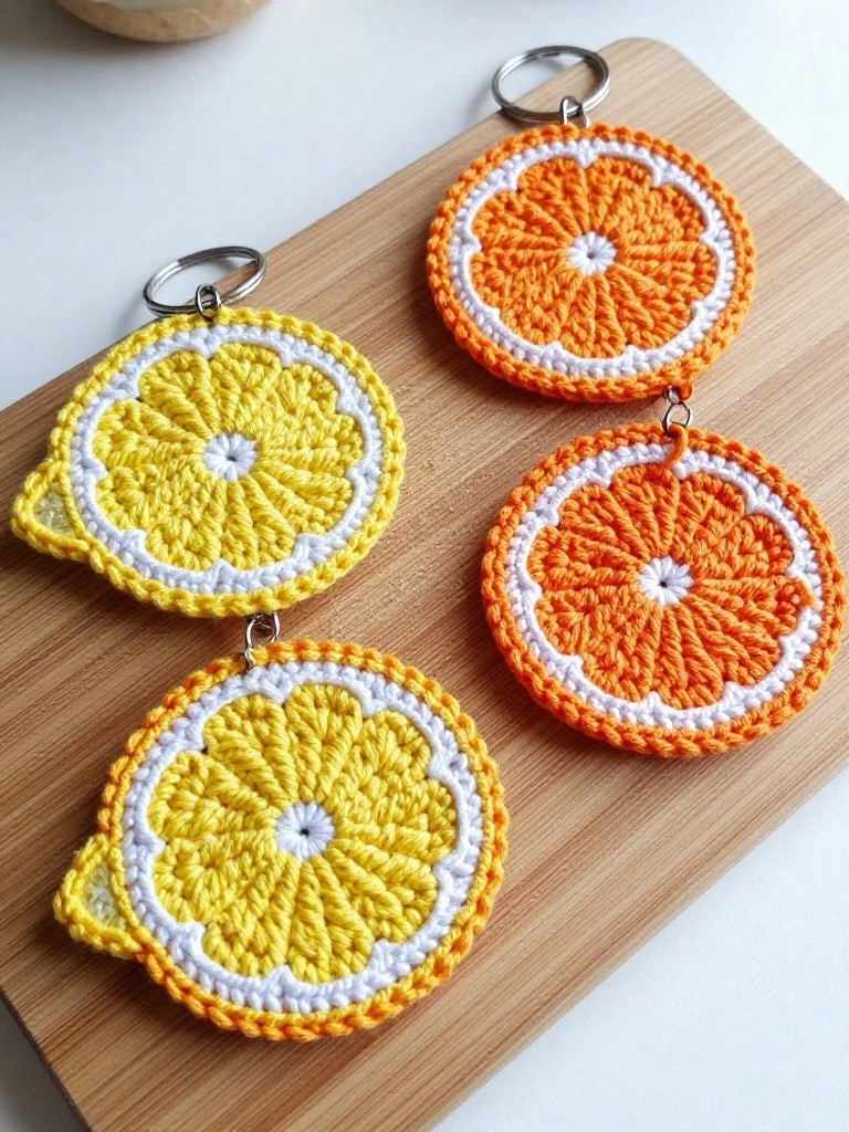 Crocheted lemon and orange slices turned into keychains rest on a wooden cutting board.