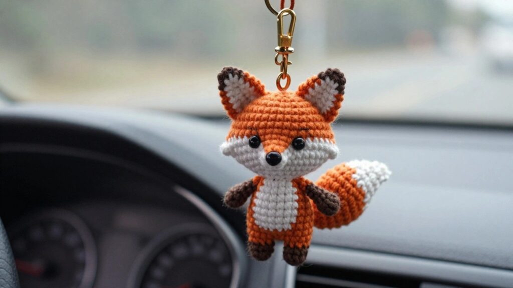A small crocheted orange and white fox keychain hangs from a car key inside a vehicle.